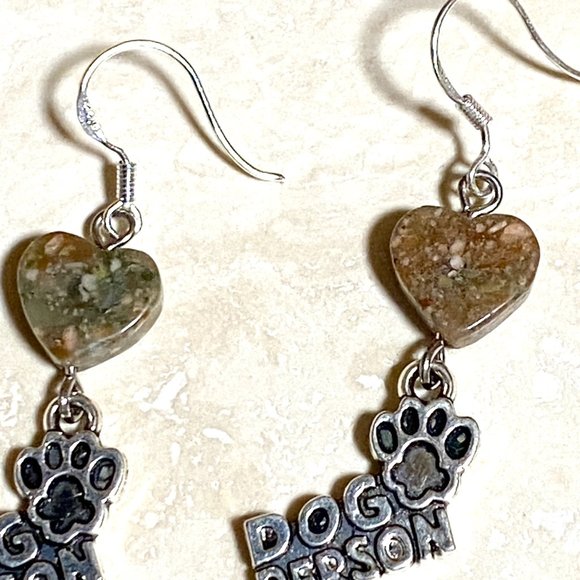 2/$20, Natural Unakite Stone Heart + Dog Person Dangle Earrings - Picture 5 of 9